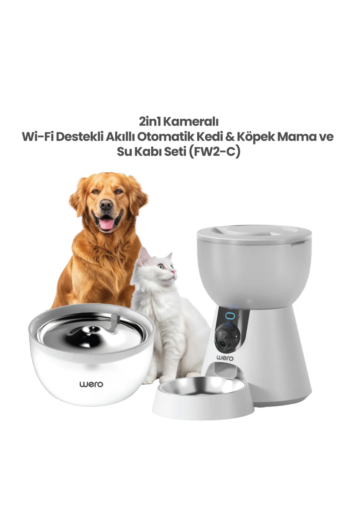 2in1 Kameralı, Wi-Fi Destekli Akıllı Otomatik Kedi & Köpek Mama ve Su Kabı Seti (FW2-C) - Thumbnail