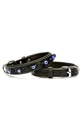 Doggie - Doggie Comfort Deri Nazar Boncuklu Köpek Boyun Tasması Medium Siyah 2x35-40 Cm