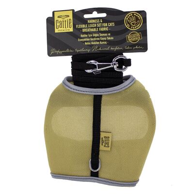 Doggie - Doggie Havalı Dokuma Kedi Göğüs & Gezdirme Takımı 1X25-35Cm Bej