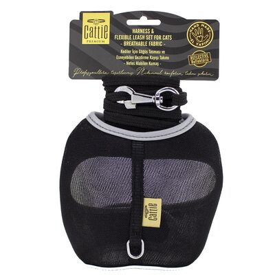 Doggie - Doggie Havalı Dokuma Kedi Göğüs & Gezdirme Takımı 1X25-35Cm Siyah