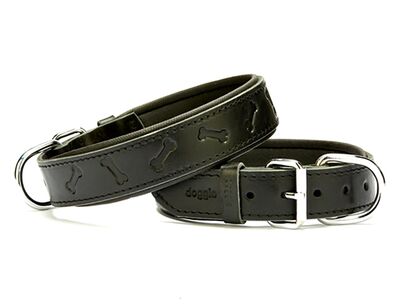Doggie - Doggie Konfor Deri Kemik Desenli Boyun Tasması 3,5X52-60Cm Siyah