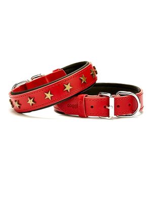 Petzanya - Doggie Konforlu Gerçek Deriden El Yapımı Yıldız Süslü Köpek Boyun Tasması 3x42-50cm - Red