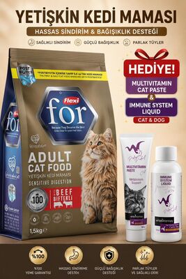 Flexi For - Flexi For Biftekli Yeişkin Kedi Maması 15 Kg WhiteVeterinay Multivitamin Cat Paste 100 Gr Ve Immune System Liquid Cat&Dog 100 ML Hediye