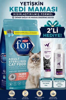 Flexi For - Flexi For Somon Balıklı Kısırlaştırılmış Kedi Maması 15 Kg WhiteVeterinay Multivitamin Cat Paste 100 Gr Ve Immune System Liquid Cat&Dog 100 ML Hediye 