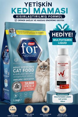 Flexi For - Flexi For Somon Balıklı Kısırlaştırılmış Kedi Maması 1,5 Kg WhiteVeterinay Multivitamin Liquid Cat&Dog 100 ML Hediye