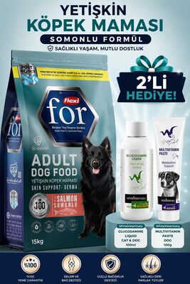 Flexi For - Flexi For Somon Balıklı Yetişkin Köpek Maması 15 Kg WhiteVeterinay Glucosamine Liquid Cat&Dog 100 ML Ve Multivitamin Dog Paste 100 Gr Hediye