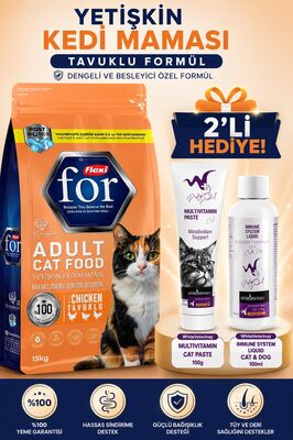 Flexi For - Flexi For Tavuklu Yetişkin Kedi Maması 15 Kg WhiteVeterinay Multivitamin Cat Paste 100 Gr Ve Immune System Liquid Cat&Dog 100 ML Hediye