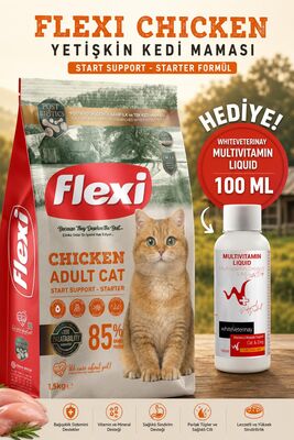 Flexi For - Flexı Hairball Tavuklu Yetişkin Kedi Maması 1,5 Kg WhiteVeterinay Multivitamin Liquid Cat&Dog 100 ML Hediye