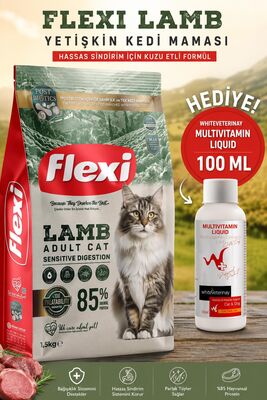 Flexi For - Flexı Kuzu Etli Yetişkin Kedi Maması 1,5 Kg WhiteVeterinay Multivitamin Liquid Cat&Dog 100 ML Hediye