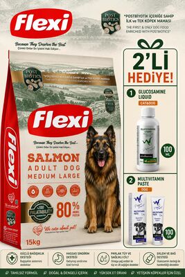Flexi For - Flexı Medium /Large Somon Balıklı Yetişkin Köpek Maması 15 Kg WhiteVeterinay Glucosamine Liquid Cat&Dog 100 ML Ve Multivitamin Dog Paste 100 Gr Hediye 