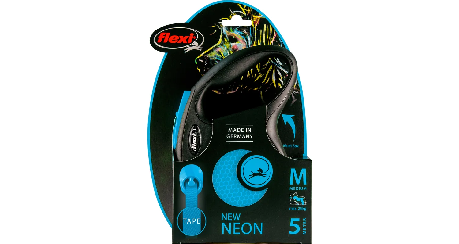 Flexi - Flexi Neon Otomatik Şerit Köpek Gezdirme Tasması Medium 5M 25Kg Mavi