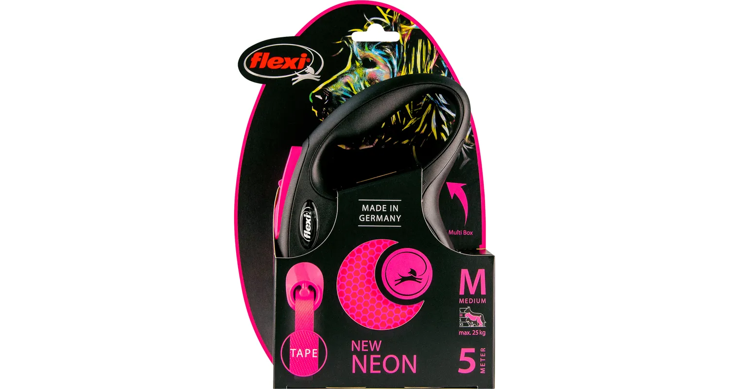 Flexi - Flexi Neon Otomatik Şerit Köpek Gezdirme Tasması Medium 5M 25Kg Pembe