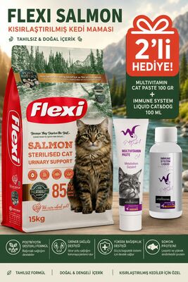 Flexi For - Flexi Somon Balıklı Kısırlaştırılmış Yetişkin Kedi Maması 15 Kg WhiteVeterinay Multivitamin Cat Paste 100 Gr Ve Immune System Liquid Cat&Dog 100 ML Hediye