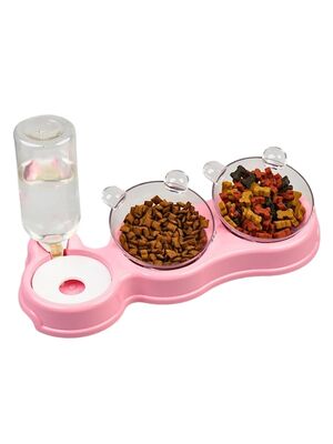 Glipet - Glipet Çift Hazneli- 3' lü Beslenme Mama ve Su Kabı Pembe 1000 ml 36*21*16 cm