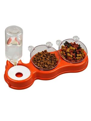 Glipet - Glipet Çift Hazneli- 3' lü Beslenme Mama ve Su Kabı Turuncu 1000 ml 36*21*16 cm