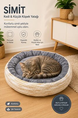 Glipet - Glipet Kedi ve Küçük Irk Köpek Yatağı Yumuşak Minderli Simit Pet Yatağı Desenli Bej