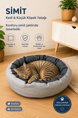 Glipet - Glipet Kedi ve Küçük Irk Köpek Yatağı Yumuşak Minderli Simit Pet Yatağı Gri