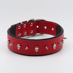 Glipet Kuru Kafalı Ve Çivili Kırmızı Renkli Destekli Yumuşak Doku Köpek Boyun Tasması 4x65 Cm - Thumbnail