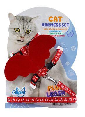 Glipet - Glipet Melek Kanatlı Kedi Göğüs Tasması Kırmızı Pati Süet