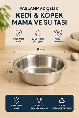 Glipet - Glipet Premium Paslanmaz Çelik Mama ve Su Tası 18 Öz Kedi Köpek Kabı