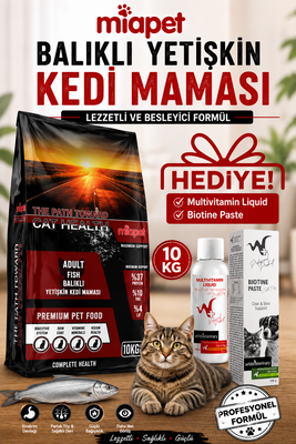 Miapet - Miapet Balıklı Yetişkin Kedi Maması Multivitamin Liquid 100 ml Hediyeli 10 KG