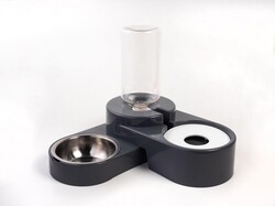 Miapet Köşeli Ayarlanabilir Hazneli Çelik Taslı Kedi-Köpek Mama Ve Su Kabı Seti 1000Ml Gri - Thumbnail