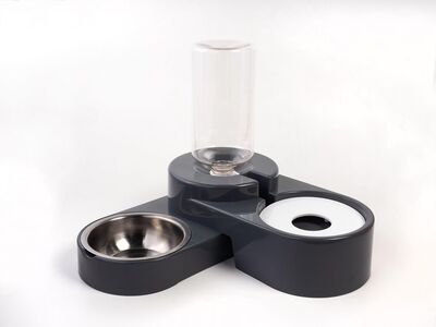 Miapet - Miapet Köşeli Ayarlanabilir Hazneli Çelik Taslı Kedi-Köpek Mama Ve Su Kabı Seti 1000Ml Gri