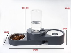 Miapet Köşeli Ayarlanabilir Hazneli Çelik Taslı Kedi-Köpek Mama Ve Su Kabı Seti 1000Ml Gri - Thumbnail