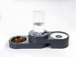 Miapet Köşeli Ayarlanabilir Hazneli Çelik Taslı Kedi-Köpek Mama Ve Su Kabı Seti 1000Ml Gri - Thumbnail