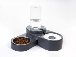 Miapet Köşeli Ayarlanabilir Hazneli Çelik Taslı Kedi-Köpek Mama Ve Su Kabı Seti 1000Ml Gri - Thumbnail
