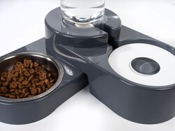 Miapet Köşeli Ayarlanabilir Hazneli Çelik Taslı Kedi-Köpek Mama Ve Su Kabı Seti 1000Ml Gri - Thumbnail