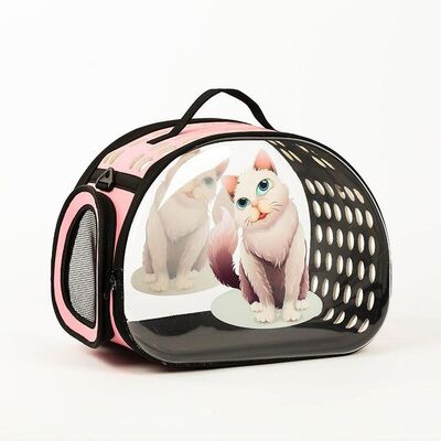 Miapet - Miapet Şeffaf Desenli Kedi Köpek Taşıma Çantası 42 x 26 x 35 cm Pembe Kedi