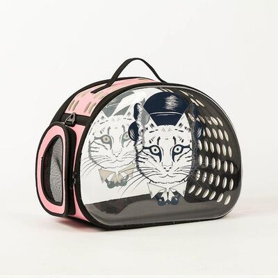 Miapet - Miapet Şeffaf Desenli Kedi Köpek Taşıma Çantası 42 x 26 x 35 cm Şapkalı Kedi