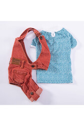 Pawstar Kırmızı Denim Salopet Tişört Kombini Köpek Kıyafeti Köpek Tişört -tulum Kombini - M - Thumbnail