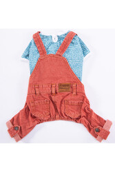 Pawstar Kırmızı Denim Salopet Tişört Kombini Köpek Kıyafeti Köpek Tişört -tulum Kombini - S - Thumbnail