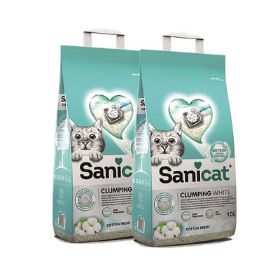 Sanicat - Sanicat Clumping White Cotton Fresh Oksijen Kontrol Süper Topaklanan Kedi Kumu 10Lt - 2 Adet